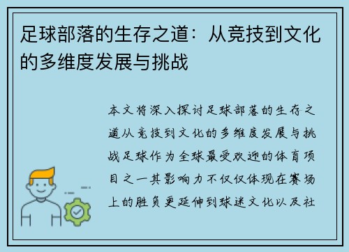 足球部落的生存之道：从竞技到文化的多维度发展与挑战